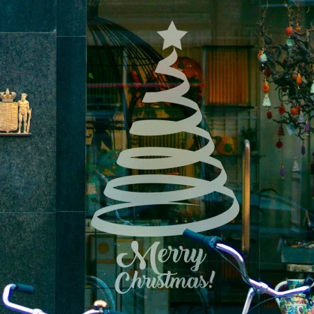 Sticker décor vitrine de noël - Sapin Ruban avec texte Merry Christmas - Espace pro - Depoli Design