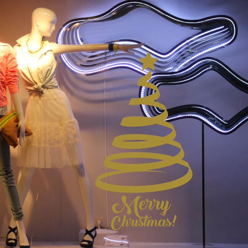 Sticker vitrine de Noël – Sapin ruban et texte Merry Christmas